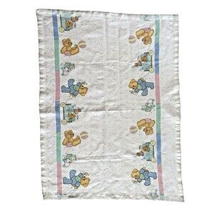 Vintage Baby Blanket Bears Pink Blue Satin Trim Cotton JCPenney Baby Quilt